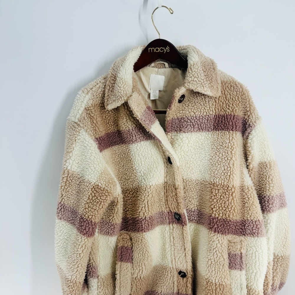 H&M Long Sleeve Collared Plaid Shearling Jacket Pastel Color Size XS‎ - Picture 3 of 8